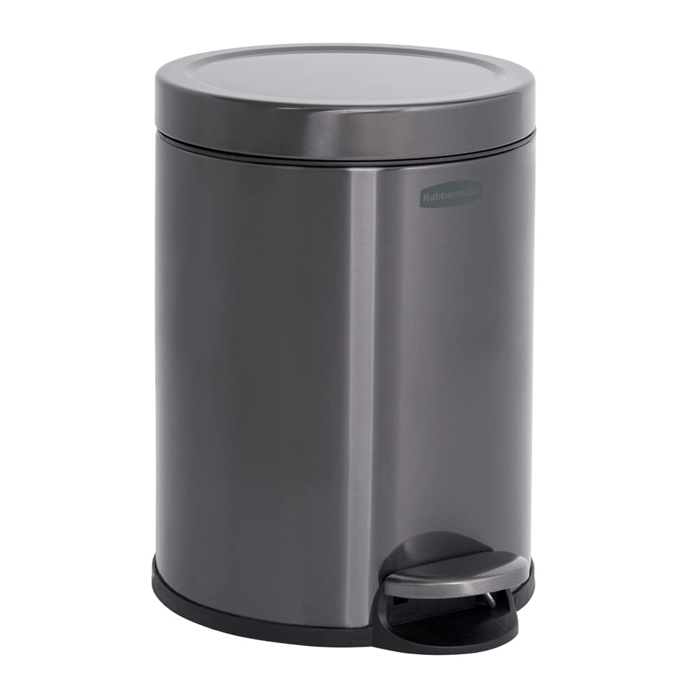 Rubbermaid Stainless Steel Round Step-On Trash Can - 1.6-Gallon Charcoal for Home/Bathroom/Kitchen