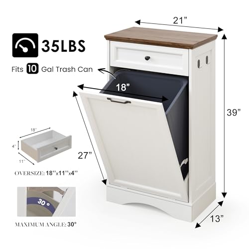 NEWOWNDSTilt Out Trash Can Cabinet (10 Gallon, White, Single Door) Pet Proof Kitchen Laundry Bathroom Hidden Garbage Can