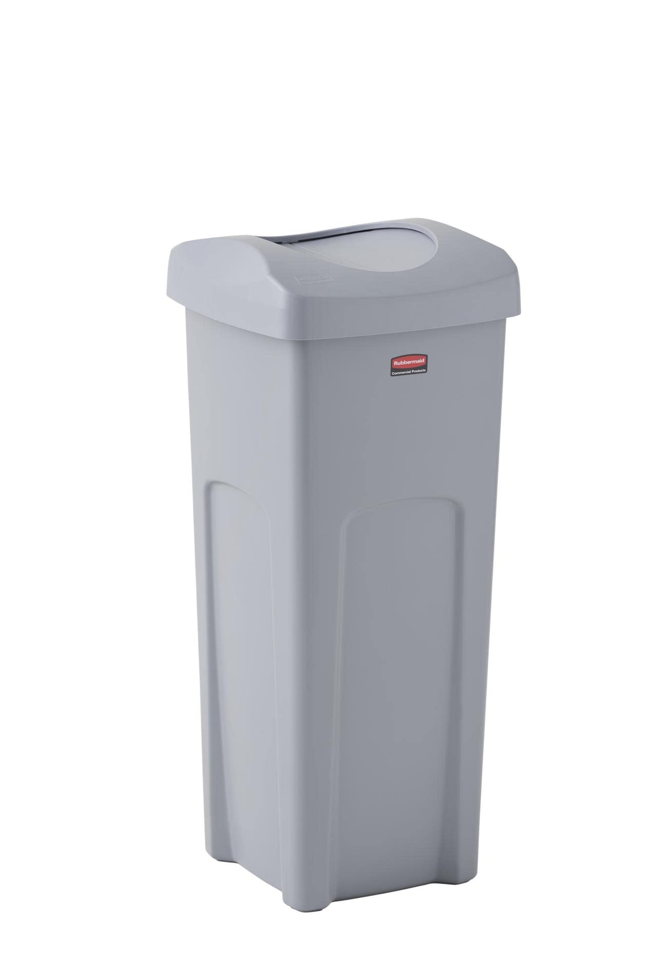 Rubbermaid Commercial Square Trash/Garbage Container with Untouchable Swing Top Lid, 23-Gallon, Gray - Perfect for Outdo