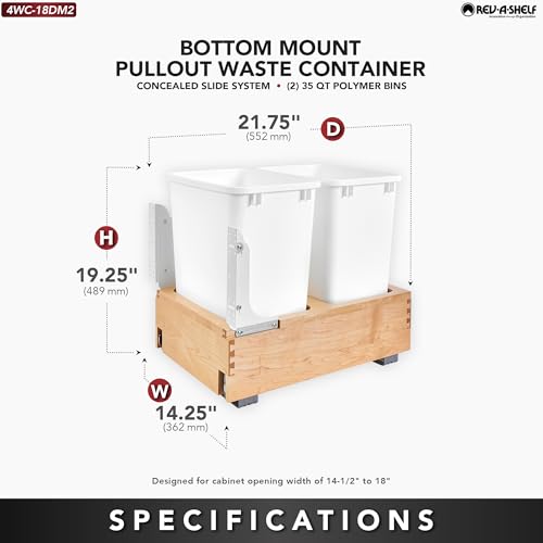 Rev-A-Shelf Double 35 Qt Wood Bottom Mount Pullout Under Cabinet Trash Can with Full Extension Ball Bearings for Kitche
