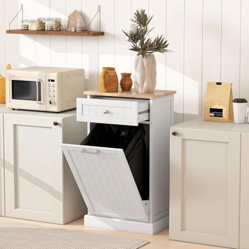 HOMCOM White Freestanding Recycling Cabinet with Tilt Out Trash Bin and Drawer - Ideal for Kitchen, Durable FSC Certifi