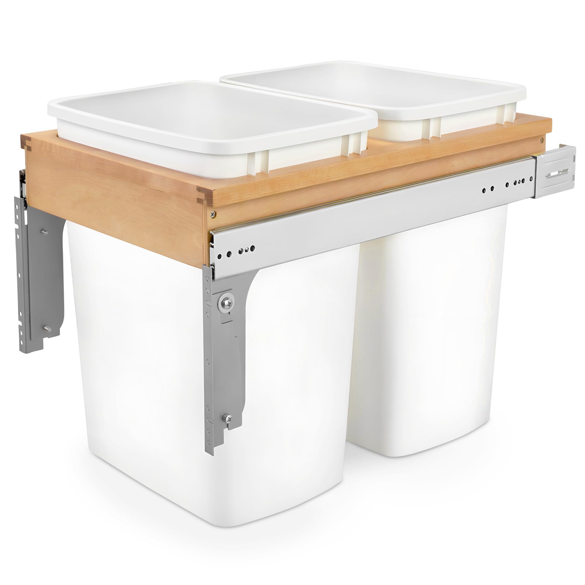 White Double Pullout Trash Can for Kitchen & Bathroom Cabinets, 35 Qt Mount Garbage Bin, 15" x 1.5" Face-Frame, Wood Top