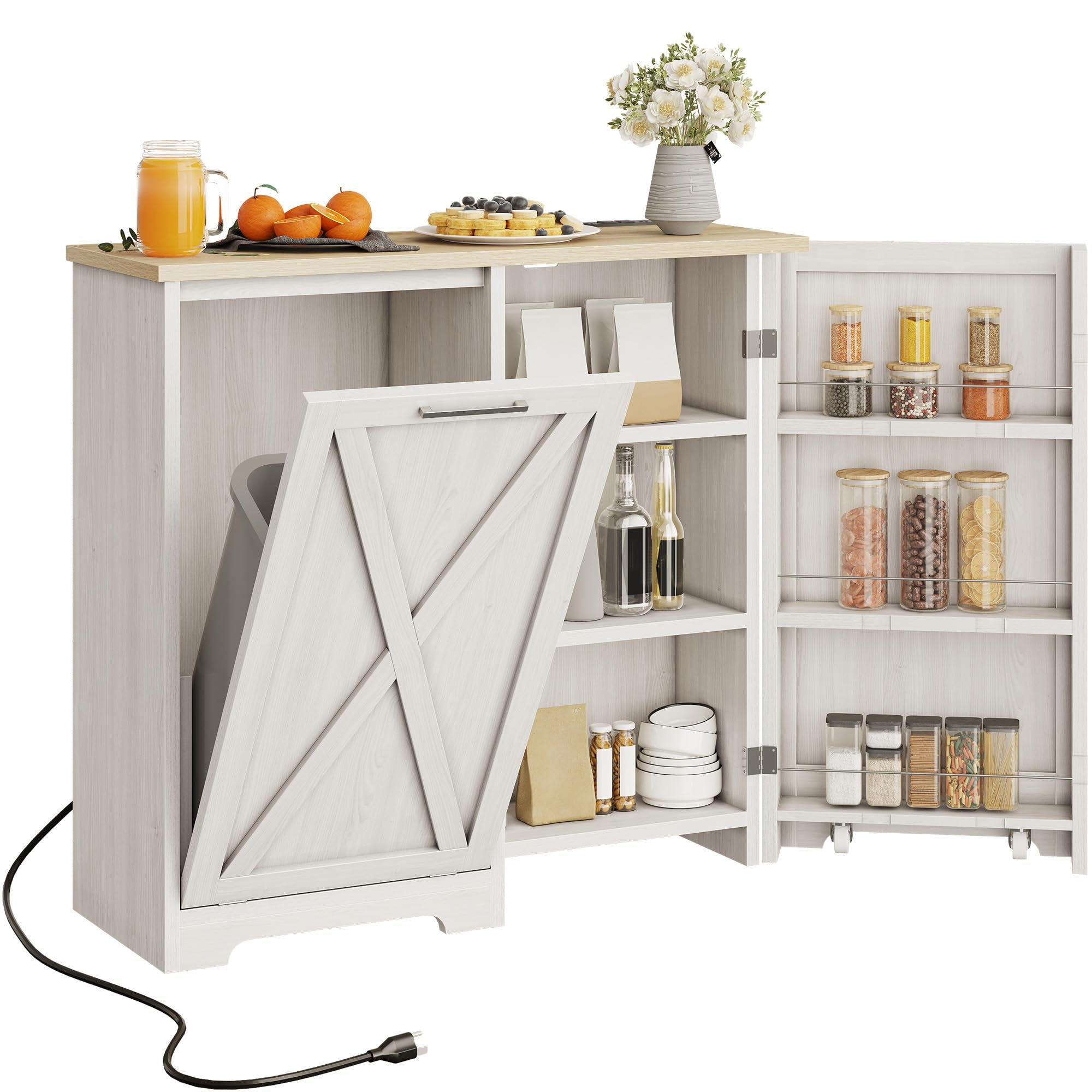 DWVO Tilt Out Trash Can Cabinet with Power Outlet for Kitchen, 13 Gallon Trash Bin Cabinet with Adjustible Shelves, Off