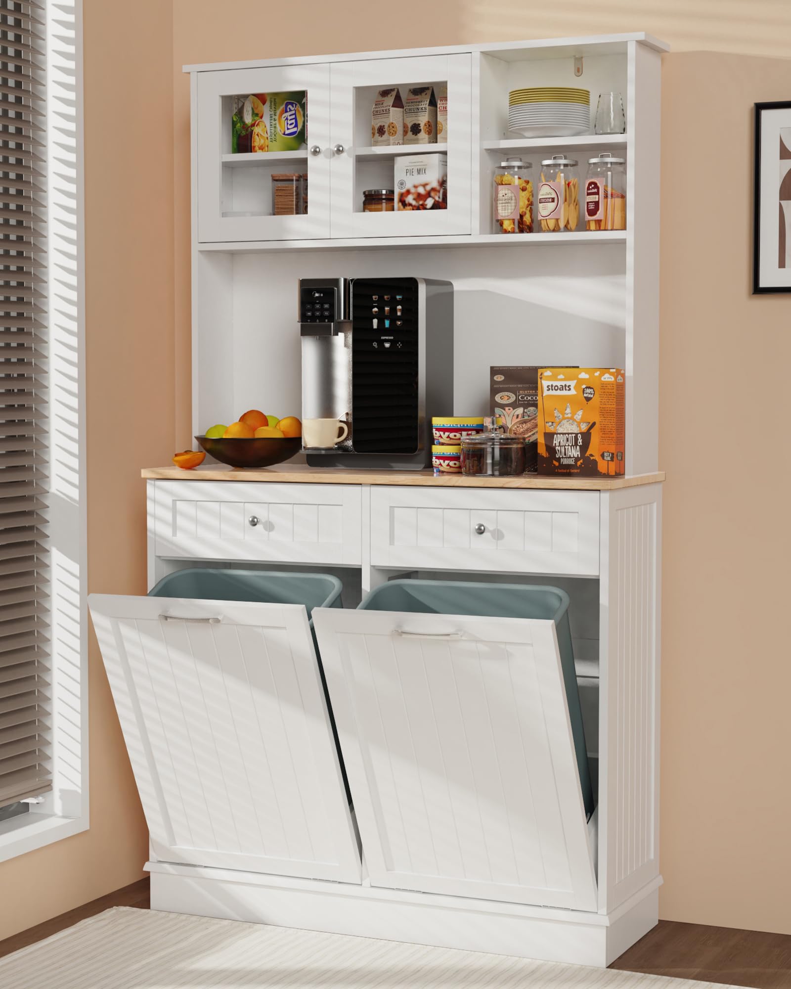 White Double Tilt Out Trash Cabinet with 20 Gallon Storage and Two Solid Wood Drawers for Kitchen RecyclingBins