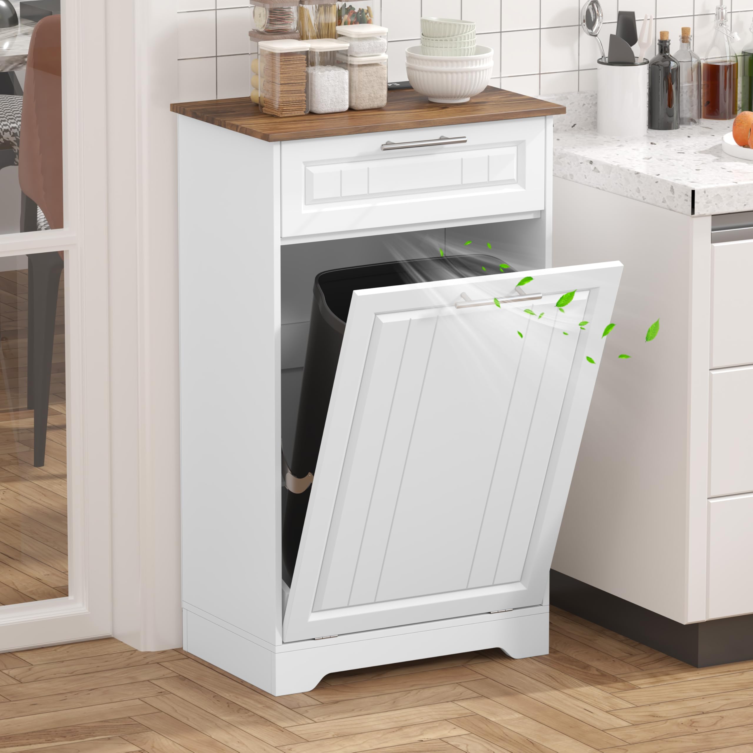 Deodorizing 10 Gallon Tilt Out Trash Can Cabinet for Kitchen with Storage Drawers, White
| Wooden Deodorizing 10 Gallon