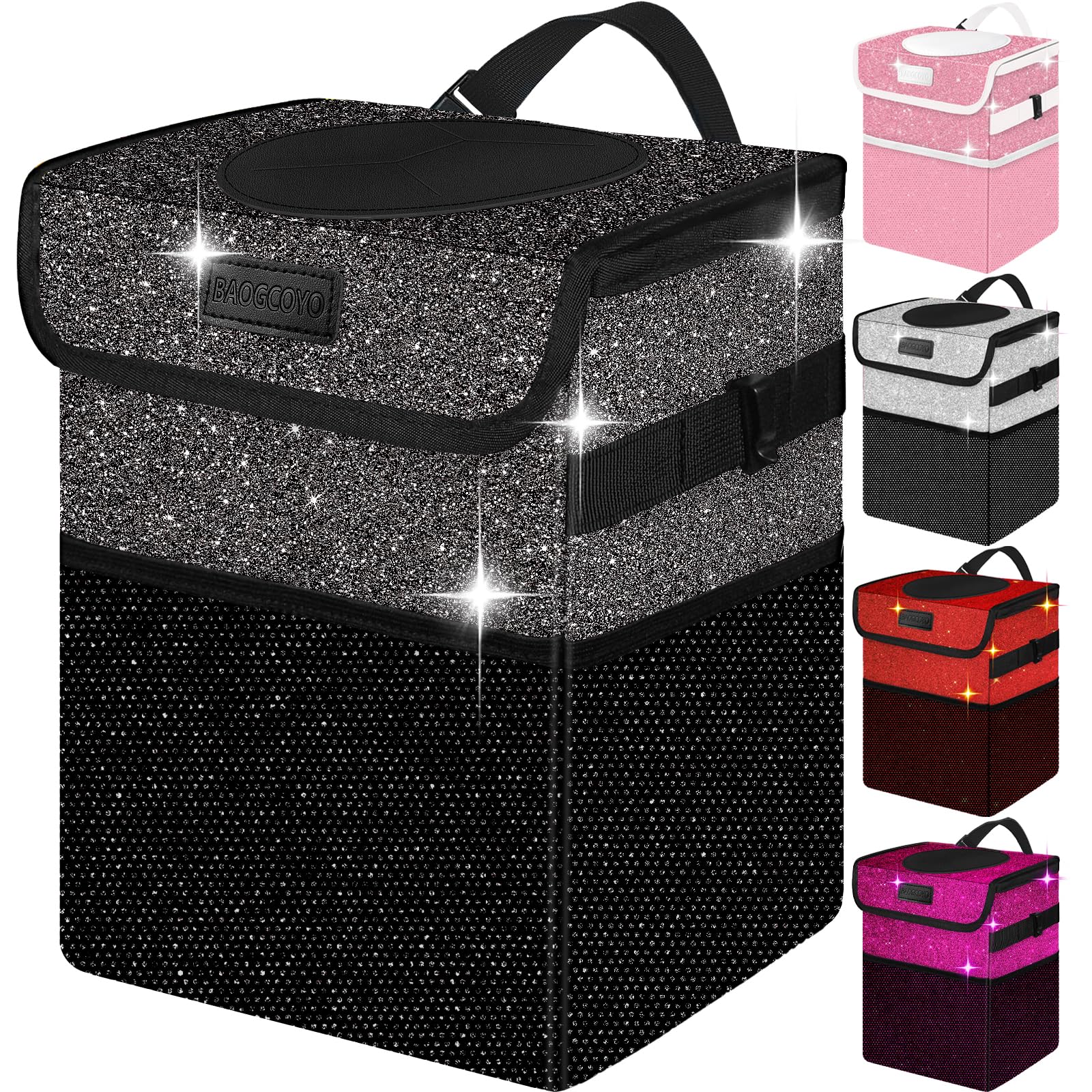 Cute Mini Car Trash Bag with Lid Black Bling Sparkly |5 Gallon Back/Front Seat/Console Waterproof Leakproof Glitter Garb